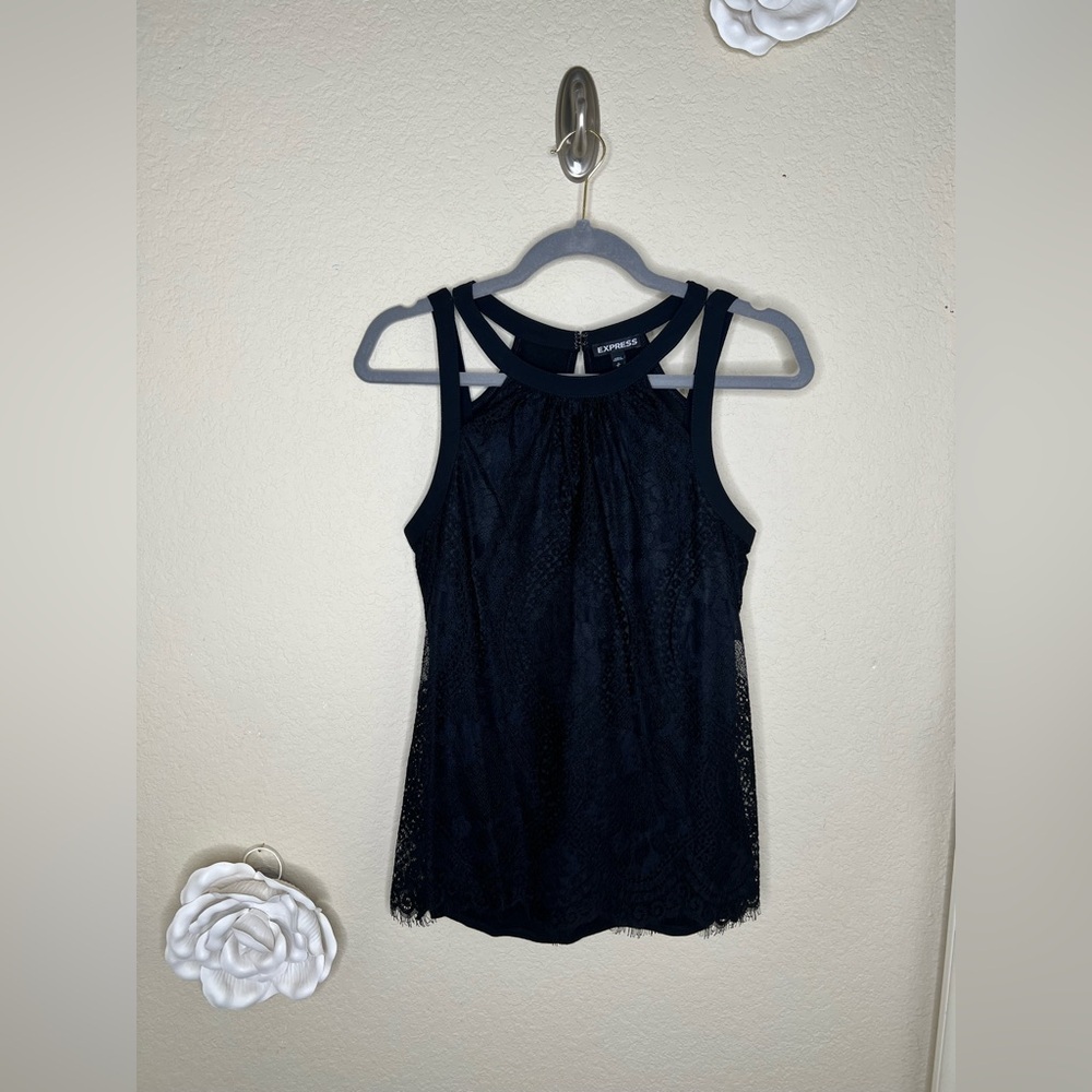 NTM Express Black Lace Overlay Sleeveless Tank Top Keyhole Back Blouse Small